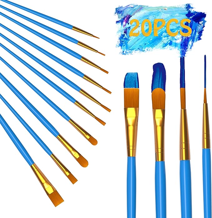 Paint Brushes Set for Acrylic Painting, 20 Pcs Art Painting Brushes Nylon Acrylic Paint Brush, 10 Sizes Paint Brush for Kids Adults Oil Watercolor Rock Painting Body Face Nail Art