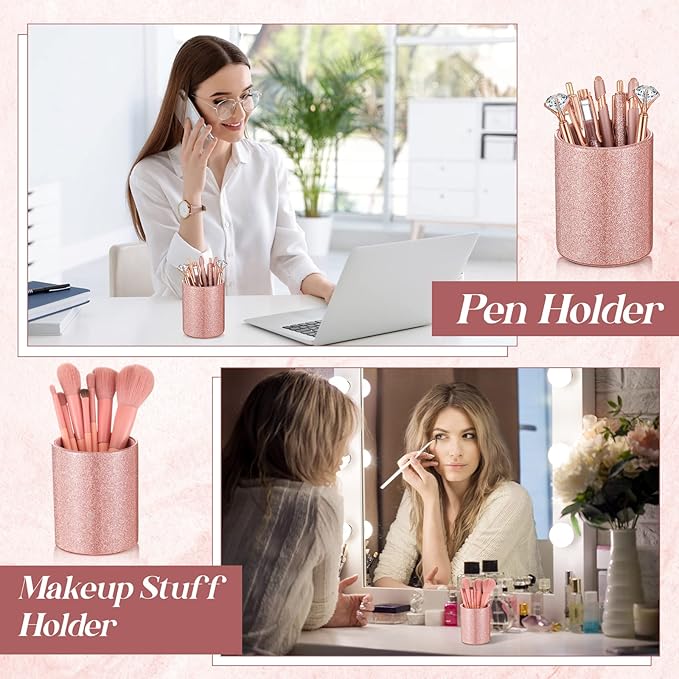 Sabary 8 Pcs Ballpoint Pens with Pen Holder for Desk Metal Crystal Diamond Pen Glitter Pencil Holder Fancy Pens Black Ink Bling Desk Organizer for Women Girls Office School Wedding Gifts (Rose Gold)