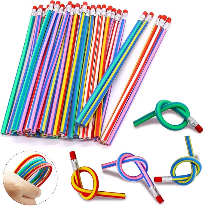 40 Pcs 7 Inch Flexible Pencils,Soft Novelty Pencil,Multi Colored Striped Soft Pencil with Eraser for Kids Gift