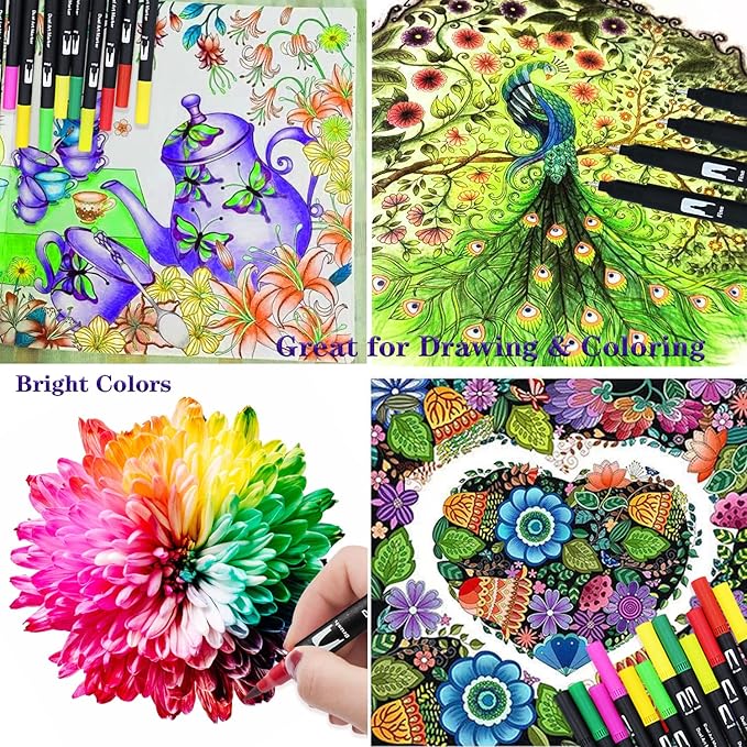 100 Art Markers Set for Adult Coloring Books No Bleeding,Bullet Journal Pens Watercolor Markers for Artists Painting Calligraphy Dual Tip Markers Brush and Fine for Kids Teens Women Drawing Coloring
