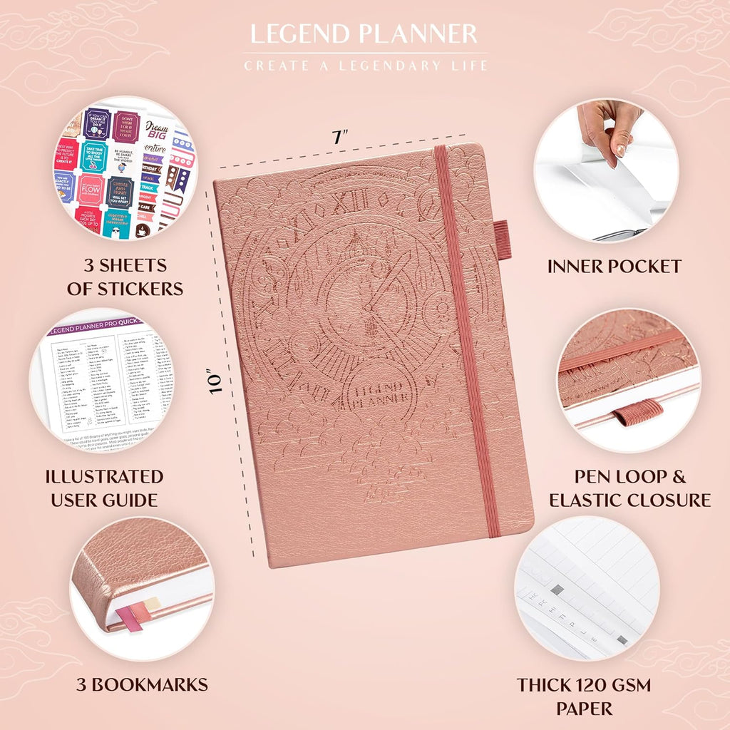 Legend Planner PRO – Deluxe Weekly & Monthly Life Planner to Increase Productivity and Hit Your Goals. Time Management Organizer Notebook – Undated – 7 x 10" Hardcover + Stickers – Rose Gold