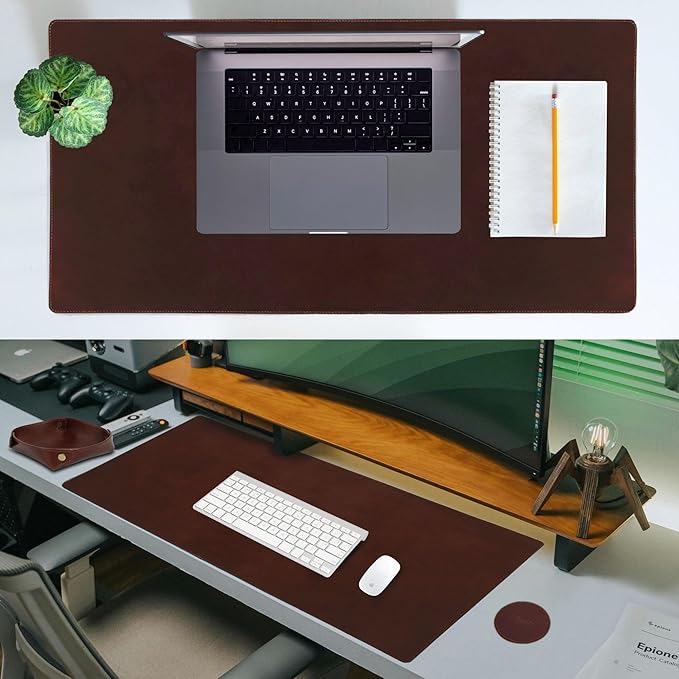 Elizo Leather Desk Mat Desk Pad Blotter Set - Real Full-Grain Leather (32x16) 2-Layer Genuine Desk Cover Protector & Large Mouse Pad | Computer Keyboard Desk Accessories for Office & Home Bourbon