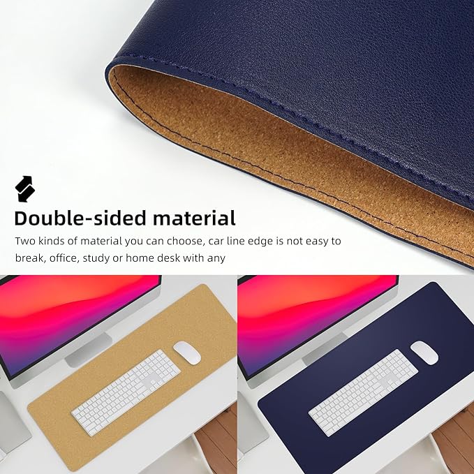 Leather Desk pad Protector, Large Desk mat with Natural Cork & PU Leather,Mouse pad,Non-Slip Office Desk Mat,Waterproof Desk Writing Pad for Office and Home (47in*17in, Blue)