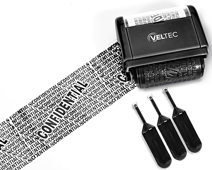 Veltec ID Protector Ink Roller - Identity Theft Protection Roller Stamp Set (Black, Stamp+3 Refills)