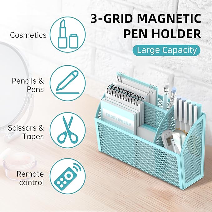 DALTACK Magnetic Pencil Holder - 3-Grid Mesh Shelf for Whiteboard, Refrigerator & Locker - Organizer for Home, School & Office, Blue