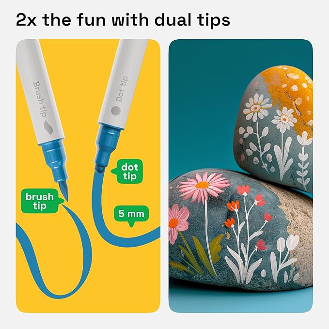 ARTISTRO 72 Acrylic Paint Markers for Fabric, Rocks, Paper, Wood, Canvas, Glass, DIY - Safe for Kids Dual Tip Acrylic Paint Pens (Dual Tip Dot + Brush, 72)