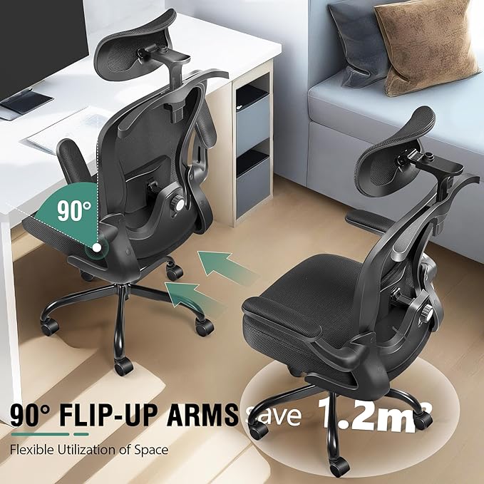 Office Chair, Ergonomic Office Chair with 3D Lumbar Support 3D Headrest, Comfy High Back Home Desk Chairs, Breathable Mesh Computer Chairs with Flip-Up Armrests & Hanger(Black)