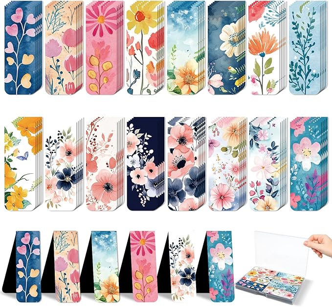 48 Pieces Magnetic Bookmarks Magnet Page Markers - Book Marks for Reading Women & Men with Storage Boxes - Cute Magnet Bookmark Clips for Reading Pleasure（Flowers）