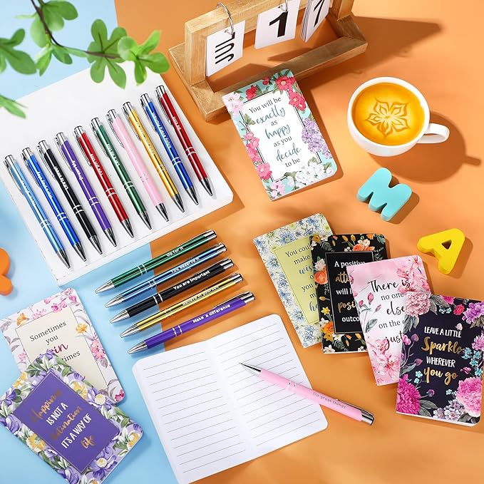 Funrous 32 Pcs Motivational Quote Pens Inspirational Notepads Mini Journal with Ballpoint Pen Small Notebooks Gift Set for Men Women Coworkers, Adult Party Favors Prizes Gift Bulk(Motivational)