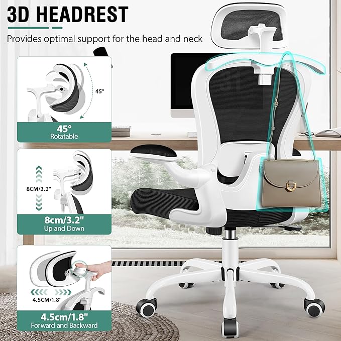 Office Chair, Ergonomic Office Chair with 3D Lumbar Support 3D Headrest, Comfy High Back Home Desk Chairs, Breathable Mesh Computer Chairs with Flip-Up Armrests & Hanger(White)