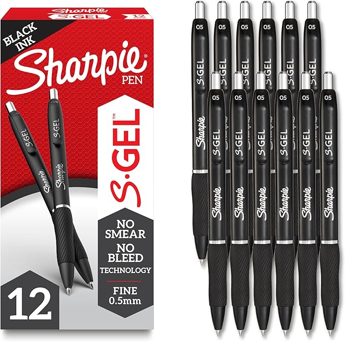 Sharpie S-Gel, Gel Pens, Drawing Pens, Gel Ink Pens For Journaling, Writing Pens, Coloring Pens, Fine Point Pens (0.5Mm), Black Ink Gel Pen, 12 Count