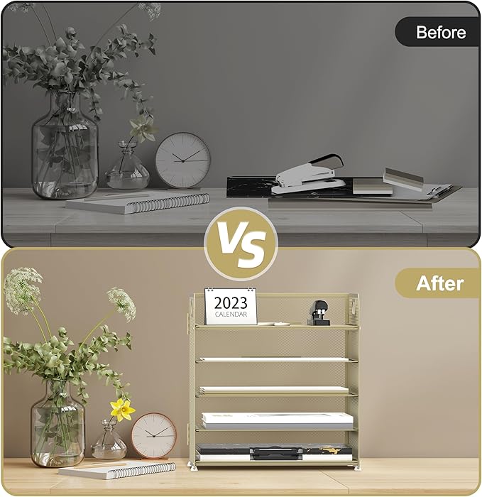 Supeasy 5 Trays Paper Organizer Letter Tray with Handle-Mesh Desk File Organizer,Pink Paper Sorter Desk Organizer for Office, Home or School (Gold Yellow)