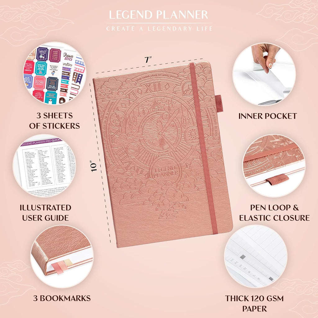 Legend Planner PRO – Deluxe Weekly & Monthly Life Planner to Increase Productivity and Hit Your Goals. Time Management Organizer Notebook – Undated – 7 x 10" Hardcover + Stickers – Rose Gold