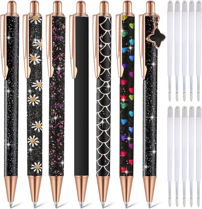 Sherr 7 Pcs Fancy Pens for Women Cute Sparkly Glitter Pens with 10 Pcs Black Ink Refills Pretty Gifts for Girls Office School Christmas Graduation(Black,Simple)