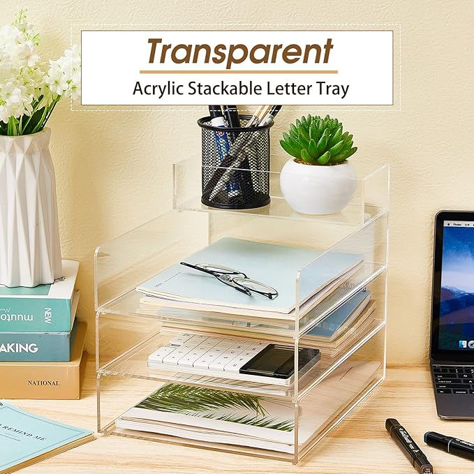 Yulejo Stackable Acrylic Paper Tray Clear Acrylic Desk Organizer Letter Size Paper File Tray for Office Document Workspace Desktop (5 Tier)
