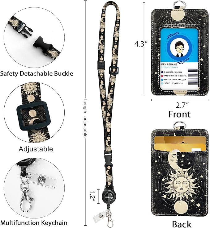 bolimoss Sun and Moon Badge Holder with Retractable Reel and Detachable Lanyard Strap Leather Name Card Protector Adjustable Key Lanyards for Women Nurse Teacher Student