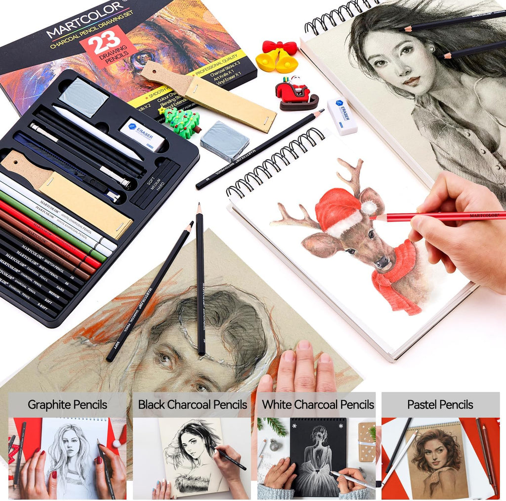 Charcoal Drawing Set, Set of 23, Graphite Pencils, Black & White Charcoal Pencils for Drawing, Sketching, Shading, Blending, Artist Pencils for Beginners & Pro Artists ﻿