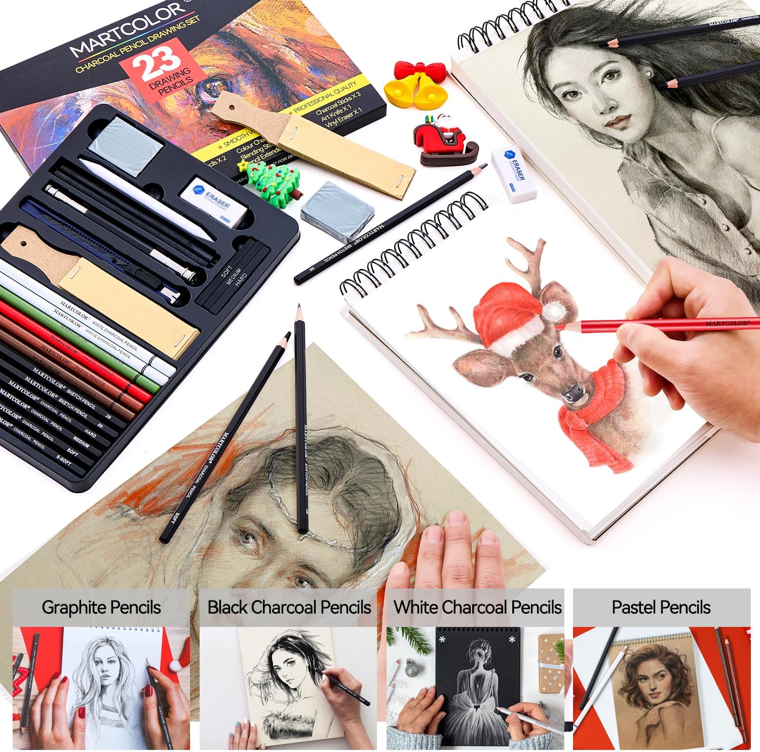 Charcoal Drawing Set, Set of 23, Graphite Pencils, Black & White Charcoal Pencils for Drawing, Sketching, Shading, Blending, Artist Pencils for Beginners & Pro Artists ﻿