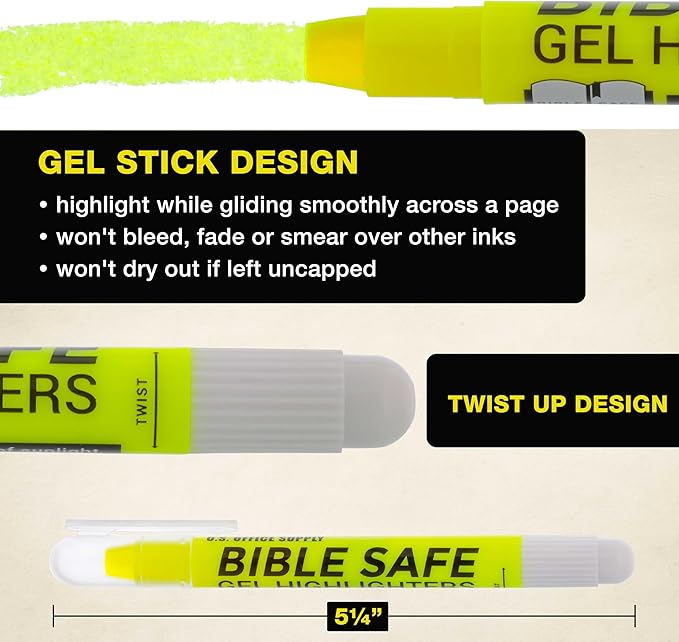 U.S. Office Supply 6 Pack of Yellow Bible Safe Gel Highlighters - Bright Neon Fluorescent Yellow Color Markers, Highlight On Any Paper - Won't Bleed, Fade or Smear - Twist-Up Design, Study Guide
