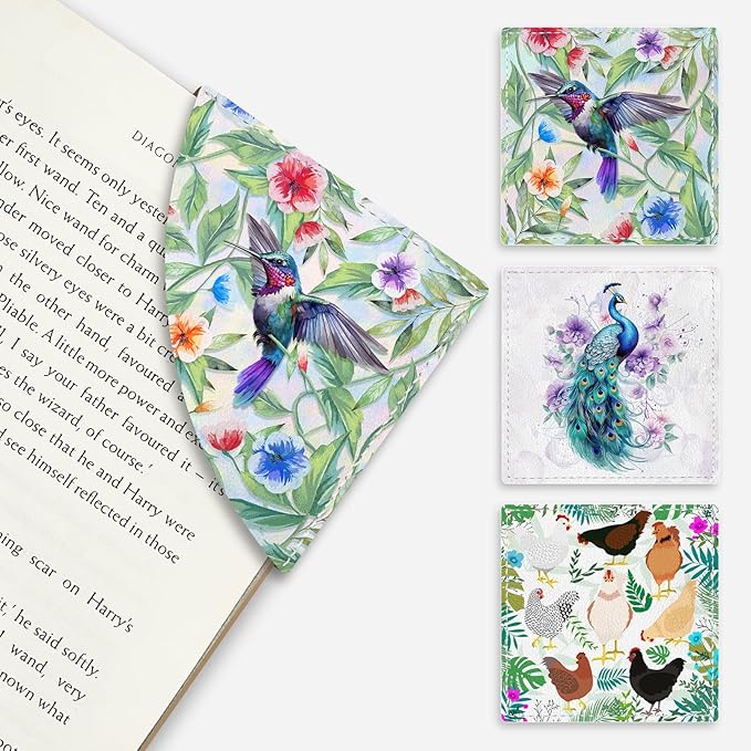Cute Peacock Hummingbird Chicken Corner Bookmarks, Leather Book Accessories for Book Lovers, 3 Pcs Reading Book Page Markers for Women Men Student Teacher Kids Retirement Birthday Gift