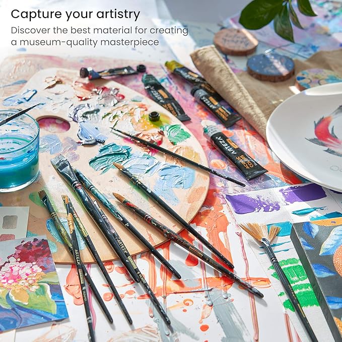 ARTEZA Paint Brushes, Set of 12, Premium Synthetic Brushes with Brass Ferrules & Wooden Handles