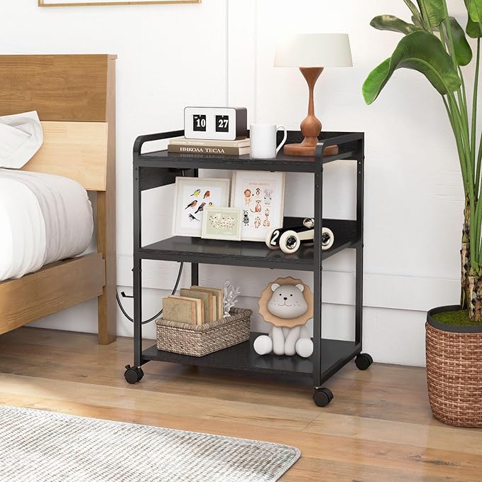 Printer Stands with Charging Station, 25.2 x 18.9 Inch Large Printer Stand with Wheels for Home Office, 3 Tier Printer Table with Power Outlet USB Port, Printer Shredder Stand, Black