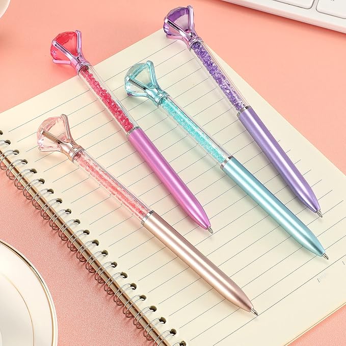 24 Pieces Big Crystal Diamond Pens Bling Ballpoint Pen Black Ink Rhinestones Pen for School Office Supplies Christmas Wedding Birthday Present, 4 Colors(Glitter Style)