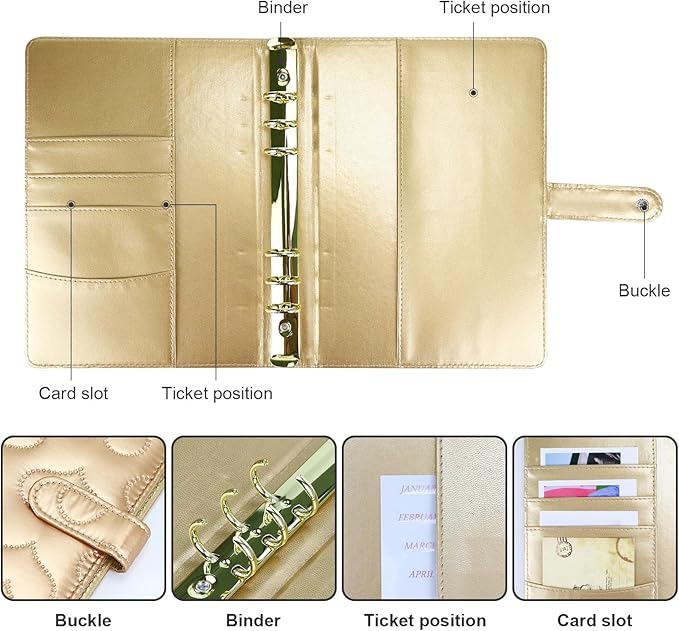 A5 PU Leather Cotton-Padded Binder 6-Ring Notebook Binder Cover with Gold Keychain for A5 Filler Paper, Refillable A5 Personal Planner Budget Binder with Magnetic Buckle Closure (Gold, A5)