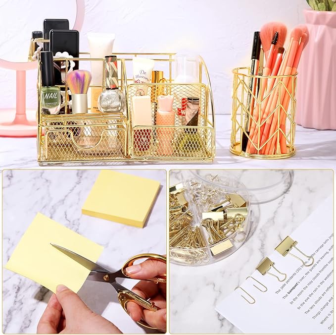 Desk Accessories Office Supplies Set, Christian Charity Donation Supplies Acrylic Stapler Set Staple Remover Tape Dispenser Desk Organizer Pen Holder Binder Paper Clips Ballpoint Scissor(Gold)