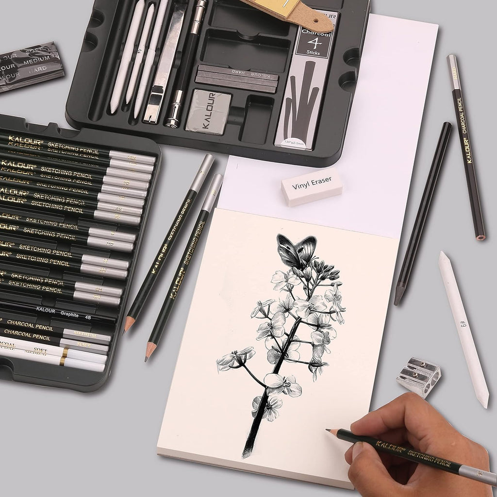 KALOUR 52-Pack Sketch Drawing Pencils Kit with Two Sketchbook,Tin Box,Include Graphite,Charcoal and Artists Tools,Pro Art Drawing Supplies for Adults Beginner Kids