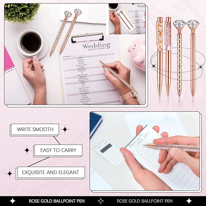 Supervitae 8 Pcs Ballpoint Pen for Women Fancy Gifts for Journaling Liquid Sand Glitter Black Ink Pens Bridal Shower Gifts for Wedding Women Office Desk School Stationery Supplies(Rose Gold)