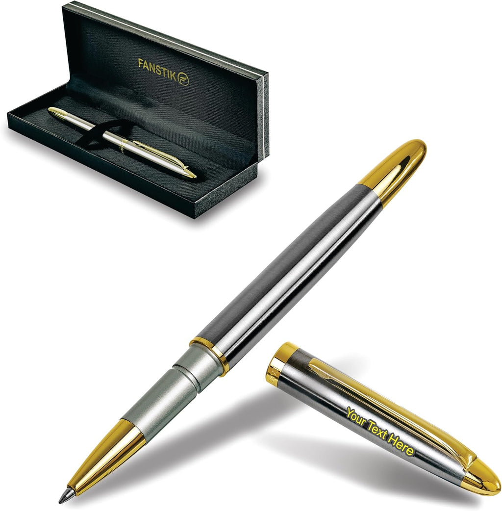 Customized RollerBall pen with name (MADE IN USA), stainless steel, Silver and gold, luxury engraved pen personalized for men and for women. (RollerBall Silver-Gold).