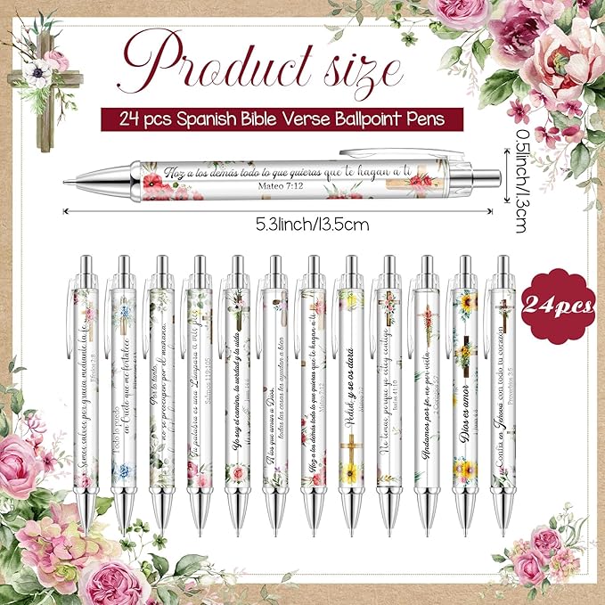 24 Pcs Spanish Christian Pens Regalos Cristianos En Español Bible Verse Ballpoint Pens with Inspirational Quote Spanish Christian Gifts for Religious Church Office School (Wildflower)