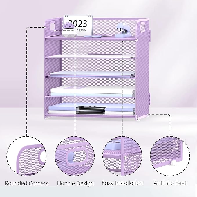 2 Pack 5-Tier Purple Desk Organizer with Handle Mesh Desk File/Paper Organizer Letter Tray for Office, School and Home Easy Installation Purple Office Supplies