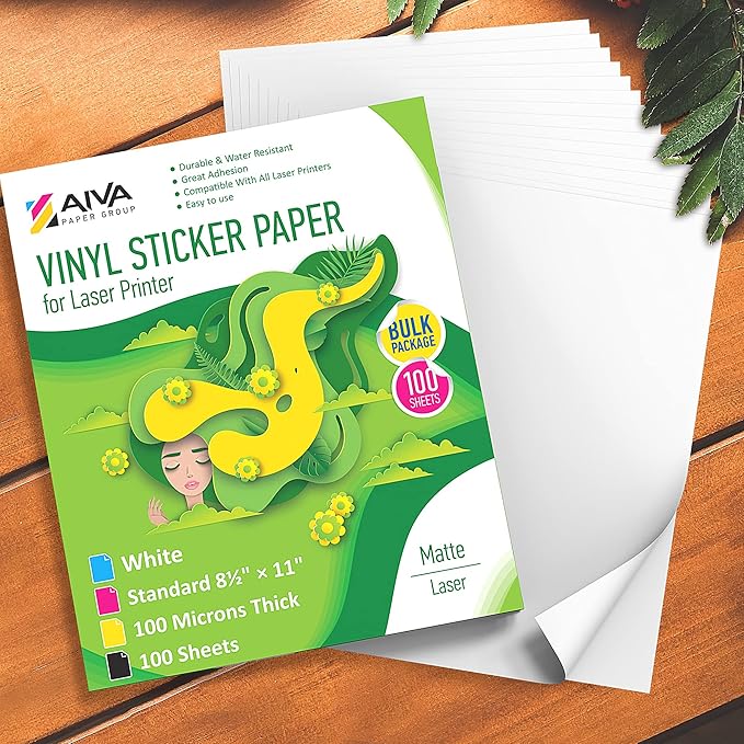 Printable Vinyl Sticker Paper for Laser Printer - Matte White - 100 Self-Adhesive Sheets - Waterproof Decal Paper - Standard Letter Size 8.5"x11"