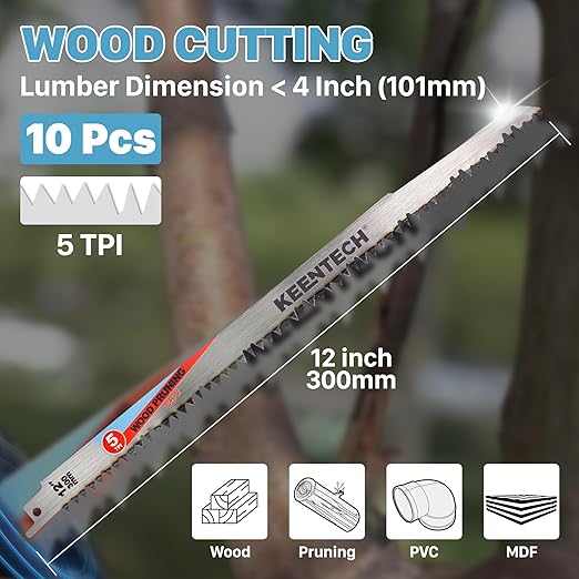KEENTECH CR-V Sawzall Pruning Blades, 12 Inch 5TPI, with Fleam Ground Teeth for Tree Branch Root Wood, PVC Pipe Cutting, Reciprocating Saw Blade Fast Cutting for Professional, DIYer, Gardener, 10 Pack