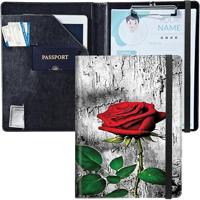PU Leather Padfolio Clipboard Notepad with Pen Loop and Elastic Strap Interview/Resume Document Organizer for Business School Office,Elegant Red Rose