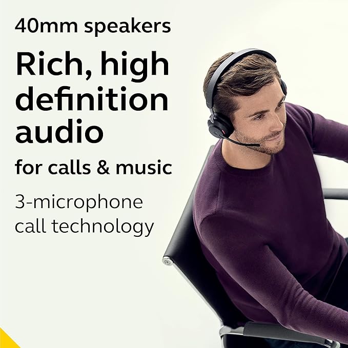 Jabra Evolve2 65 UC Wireless Headphones with Link380c, Stereo, Black – Wireless Bluetooth Headset for Calls and Music, 37 Hours of Battery Life, Passive Noise Cancelling Headphones