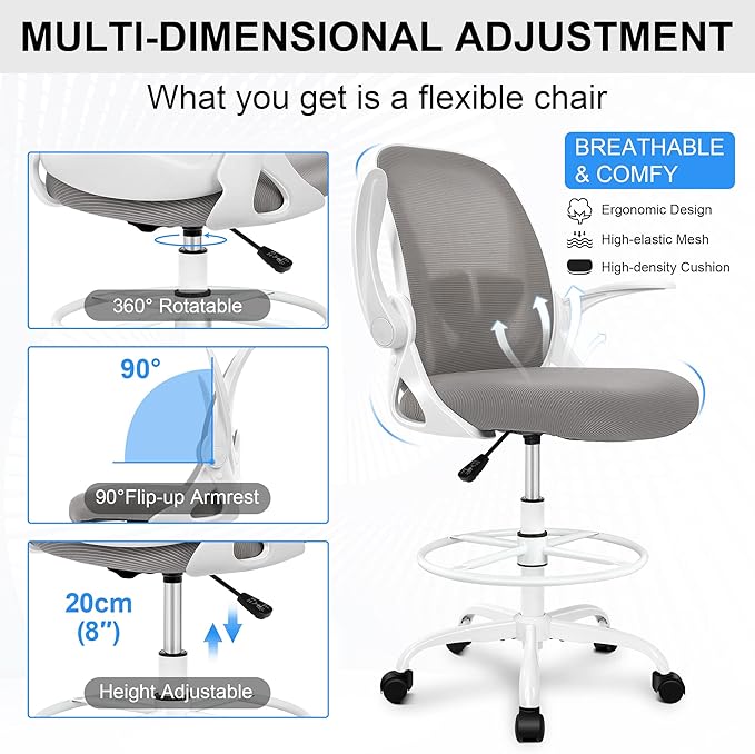 Primy Ergonomic Drafting Chair with Flip-up Armrests for Standing Desk - Tall Office Chair with Lumbar Support and Adjustable Footrest Ring（Gray）
