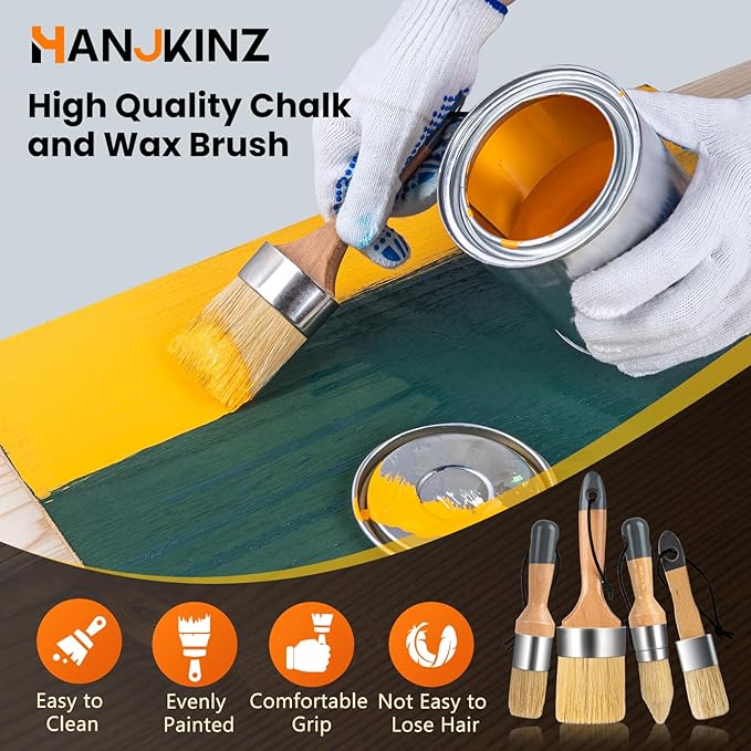 Chalk and Wax Paint Brush 4Pcs Set, Chalk Paint Brushes for Furniture, Painting or Waxing, Milk Paint, Natural Bristle Stencil Brushes for All Painting and Waxing