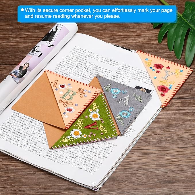 PATIKIL Personalized Embroidered Corner Bookmark, Cute Flower Felt Stitched Triangle Book Mark Page Marker for Women Men Book Lovers Teachers, Pink, Letter I
