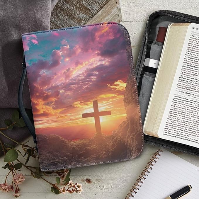 Lotusorchid Bible Book Cover for Women, Cross Print Bible Cover Case Sturdy Zippered Bible Carrying Case with Handle Pocket Portable Bible Bag for Bible Study, Pink, XL