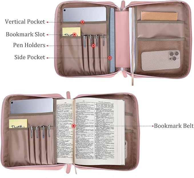 Polare Full Grain Napa Cowhide Leather Bible Cover Church Bag Bible Protective Book Holder Carrying Case Folder Organizer Portfolio for Women (Pink)