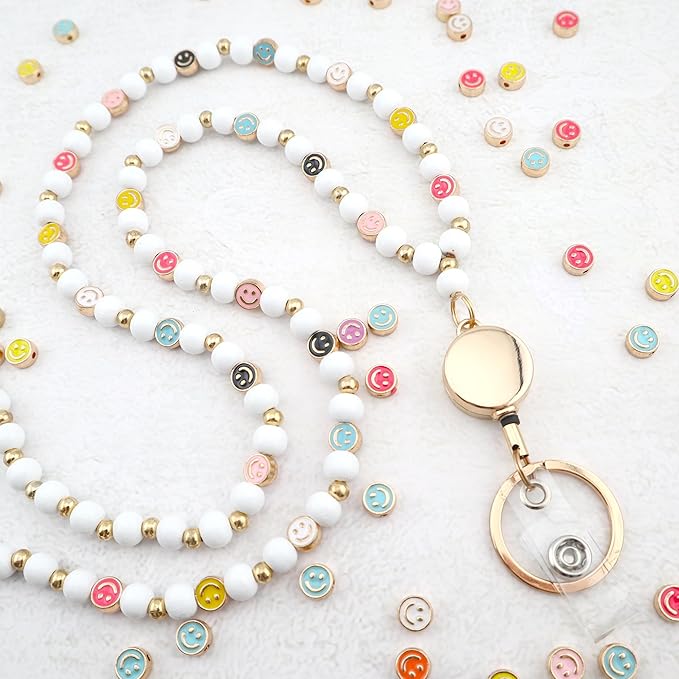 Smile Teacher Lanyard for Women with Retractable ID Badge Reel and Keychain Cute Happy Beads Lanyard