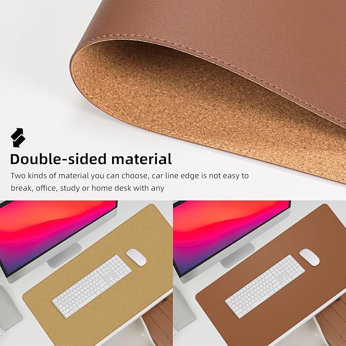Leather Desk pad Protector, Large Desk mat with Natural Cork & PU Leather,Mouse pad,Non-Slip Office Desk Mat,Waterproof Desk Writing Pad for Office and Home (47in*23.7in, Brown)