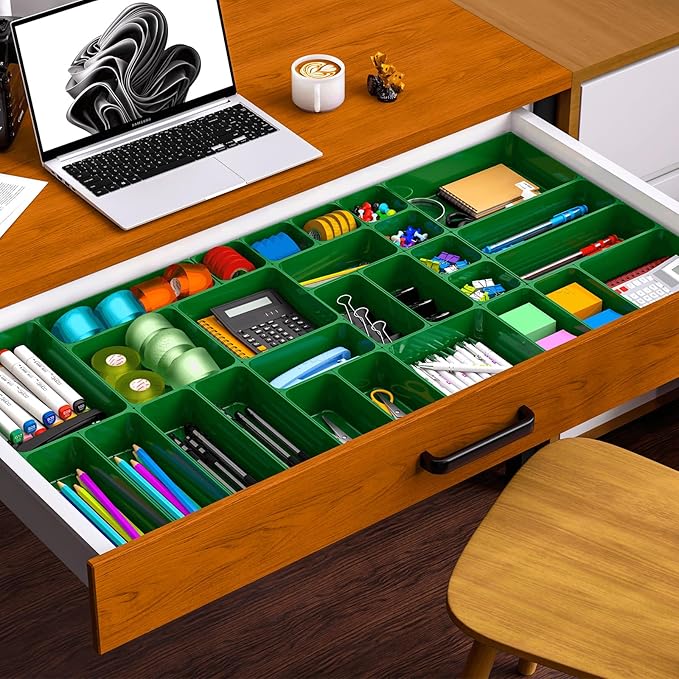 Utility Drawer Organizer Set of 13,With Non-Slip Silicone Pads, 5 Size Small Bins for Organization for Bathroom、Vanity、Nightstan、Kitchen、Office Desk Green Plastic Organizing Containers for Drawers