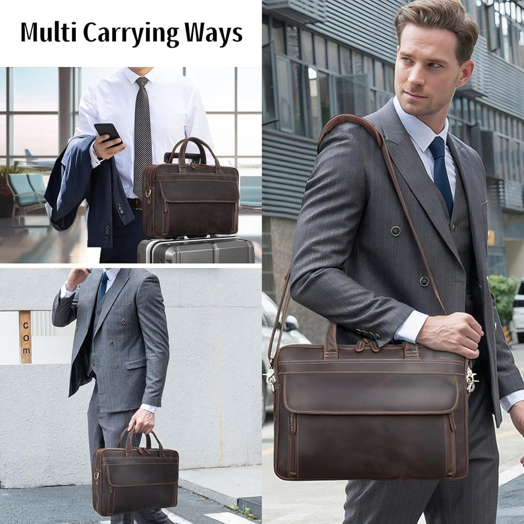 Masa Kawa Leather Briefcase for Men 15.6" - 17" Laptop Computer Case Business Travel Work Messenger Cross Body Shoulder Bag