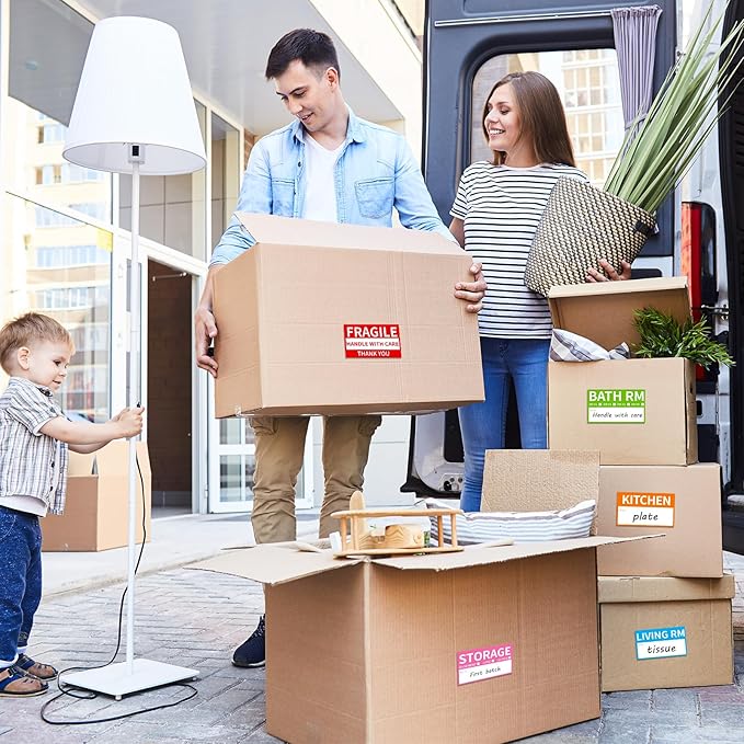 680 Home Moving Labels, 3.4 x 2 inches, 8-Color Coded Packing Box Stickers with Fragile and Blank Customizable Labels