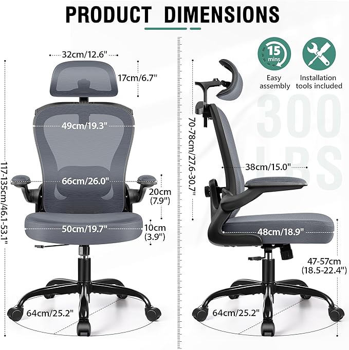 Office Chair, Ergonomic Office Chair with 3D Lumbar Support 3D Headrest, Comfy High Back Home Desk Chairs, Breathable Mesh Computer Chairs with Flip-Up Armrests & Hanger(Dark Gray)