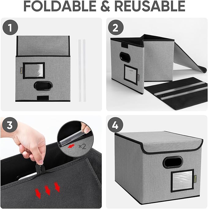 BALEINE File Organizer Box with Lid, Collapsible File Folder Organizer with Plastic Slide, Hanging File Folder Box for Office Document Storage (1 Pack, Grey)